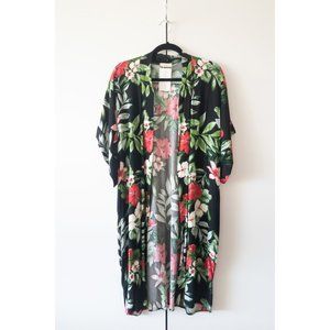 Flowy Tropical Floral Print Kimono with Pockets